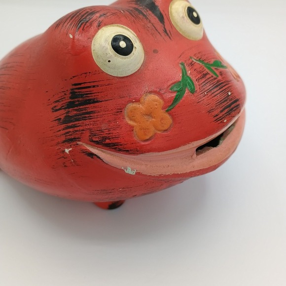 Vintage Painted Red Frog Coin Bank Resin - Picture 6 of 7